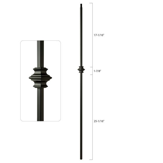 Premium 1/2-Inch Square Steel Baluster, Dowel Top, Single Collar, Satin Black